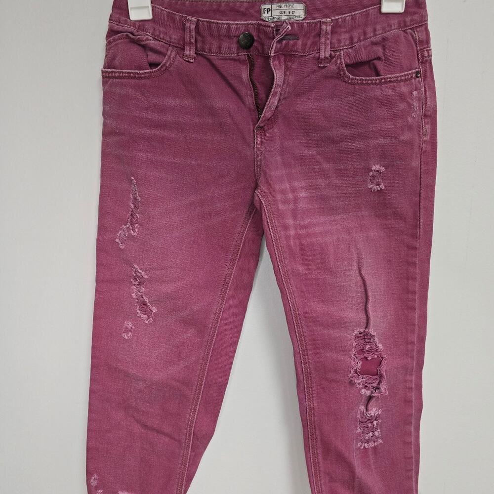 Free People Jeans Womens 27 Pink Capri Skinny Low Rise Distressed Denim Pants